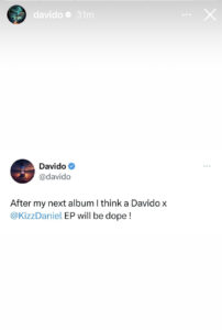 Davido teases future collaboration with Kizz Daniel for an upcoming Ep