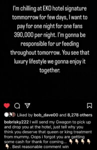 Bobrisky promises a lucky fan luxury treatment at a hotel