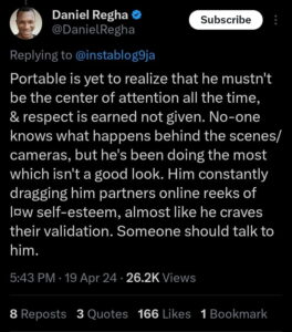 Portable is criticized by Daniel Regha for publicly demeaning his wife on her birthday