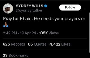 Sydney Talker appeals for prayers for singer Khaid in a new post