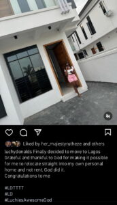 Luchy Donalds beams with joy as she acquires a new house in Lagos