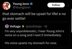 Young Jonn replies troll claiming his voice causes stomach upset