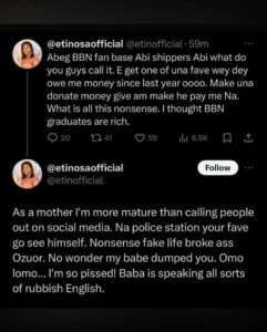 Etinosa Idemudia calls out BBN star over unpaid debts, gives hint