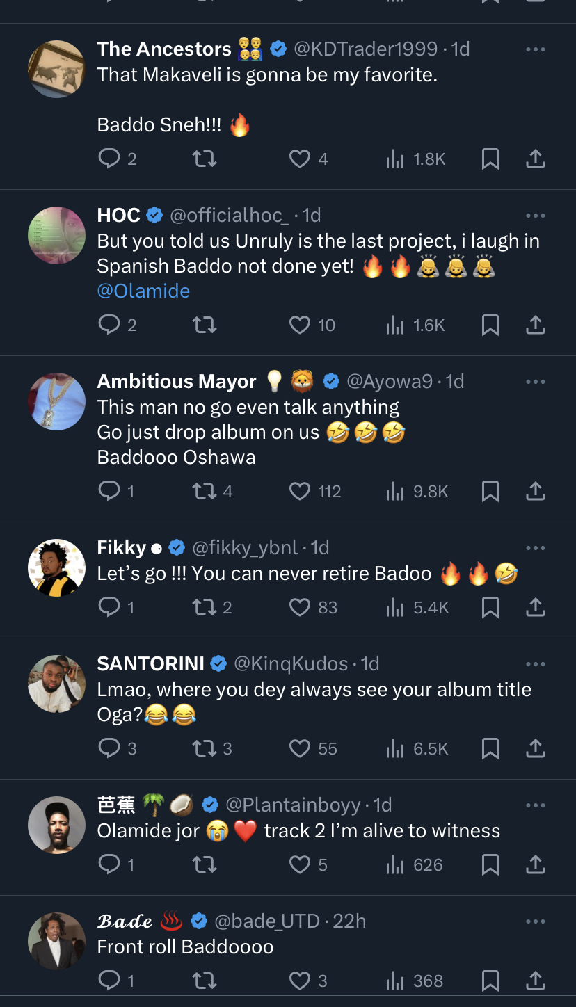 Fans reacting to Olamide’s new album announcement on social media