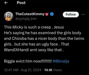 BBNaija S9: A viewer urges Big Brother to evict Mickey after he compares the bodies of Wanni X Handi and Chizoba